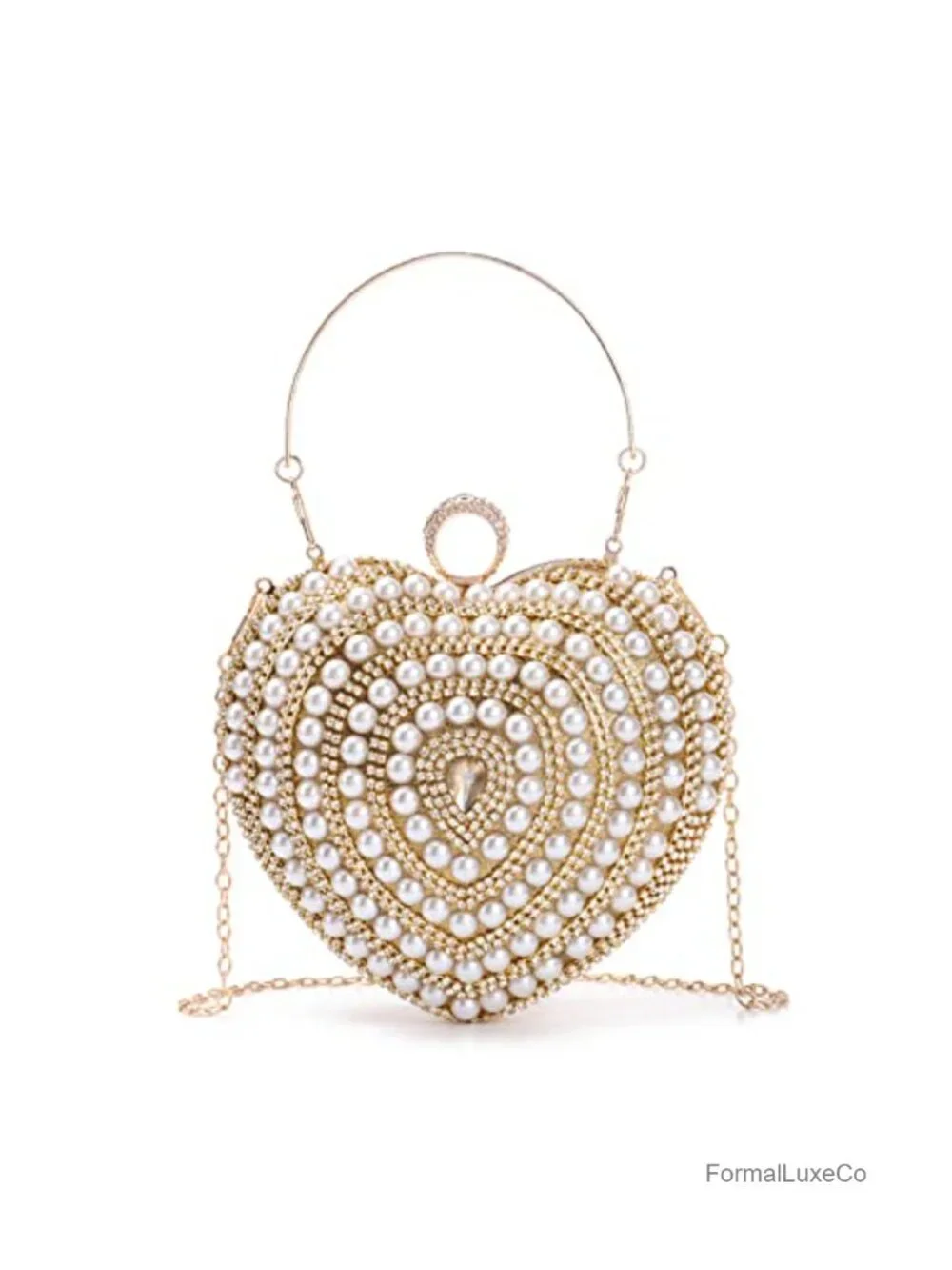 Pearl & Crystal Heart Clutch Bag with Chain Strap Handmade Evening Purse Prom